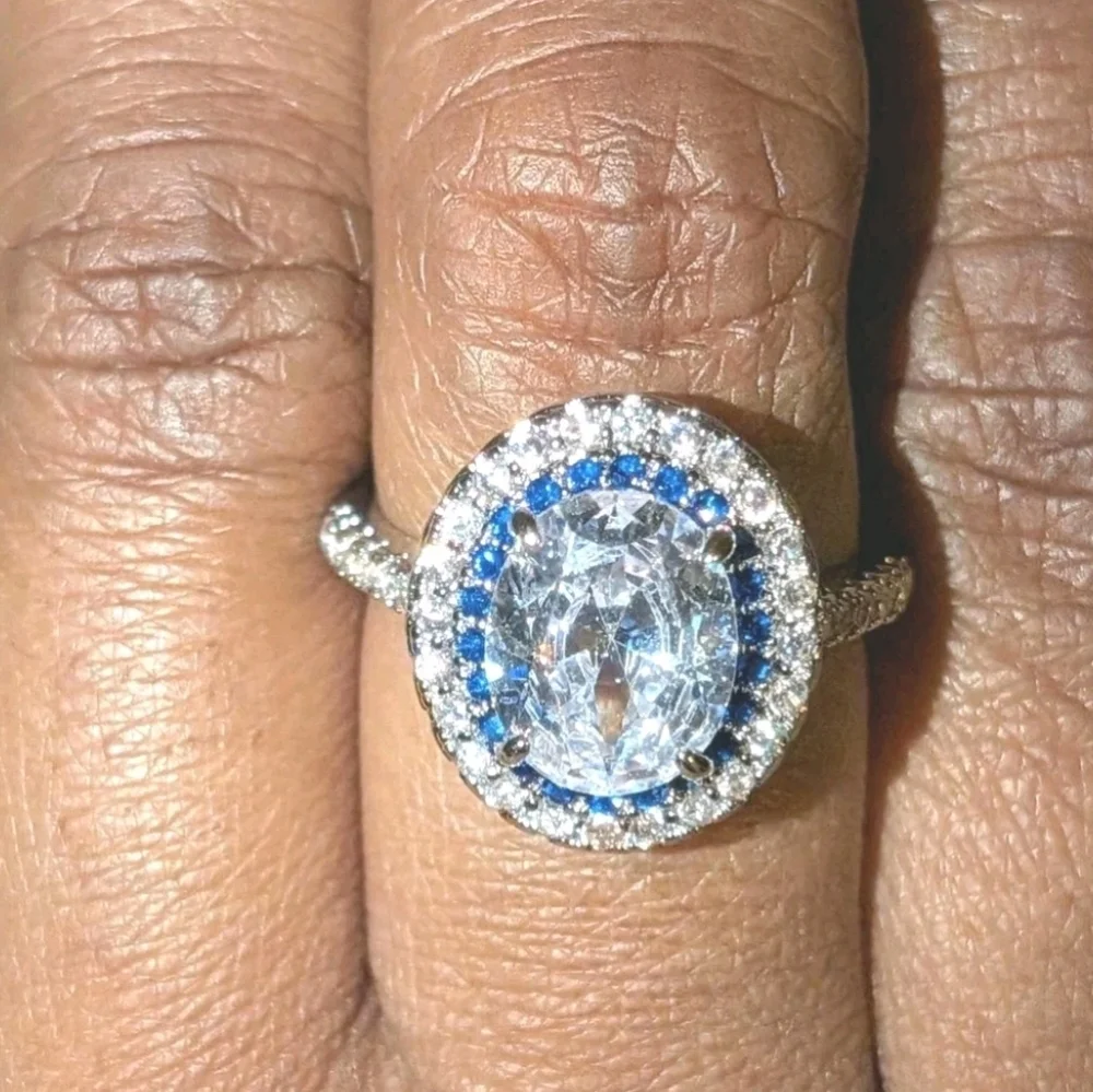 3Ct Blue Halo White Diamond Simulated Engagement Ring 14K White Gold Plated Sz 7